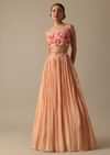Peach Embellished Jacket And Lehenga Set In Chiffon