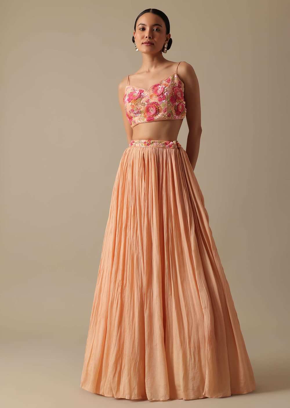 Peach Embellished Jacket And Lehenga Set In Chiffon