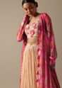 Peach Embellished Jacket And Lehenga Set In Chiffon