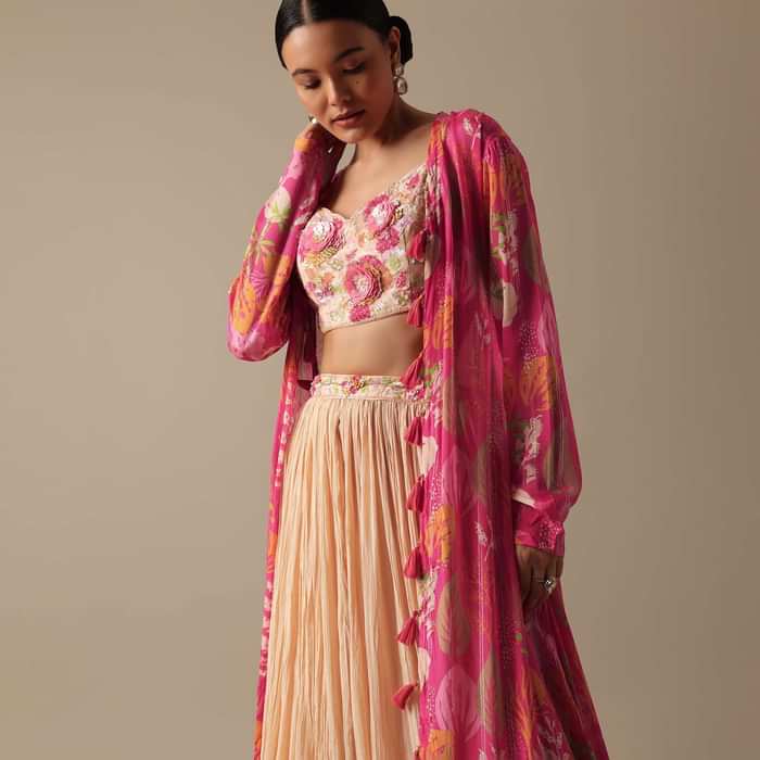 Peach Embellished Jacket And Lehenga Set In Chiffon