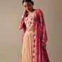 Peach Embellished Jacket And Lehenga Set In Chiffon
