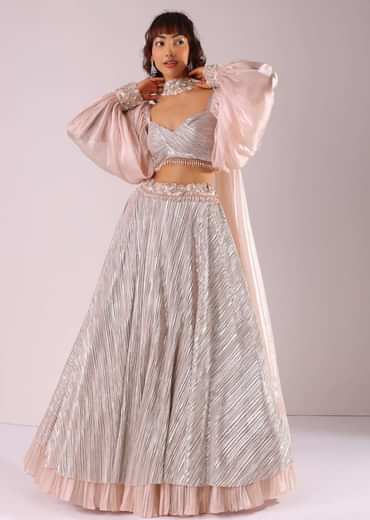 Peach Embroidered Lehenga Set In Knit With Organza Choker Dupatta