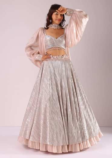 Peach Embroidered Lehenga Set In Knit With Organza Choker Dupatta