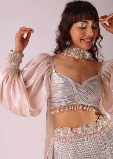Peach Embroidered Lehenga Set In Knit With Organza Choker Dupatta