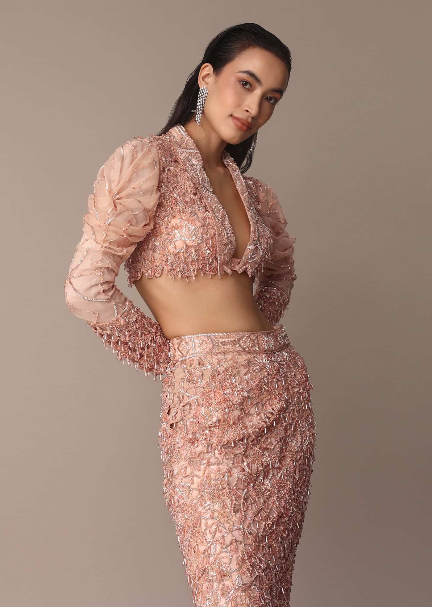 Peach Zardosi Fishcut Skirt With Embroidered Short Sleeve Jacket