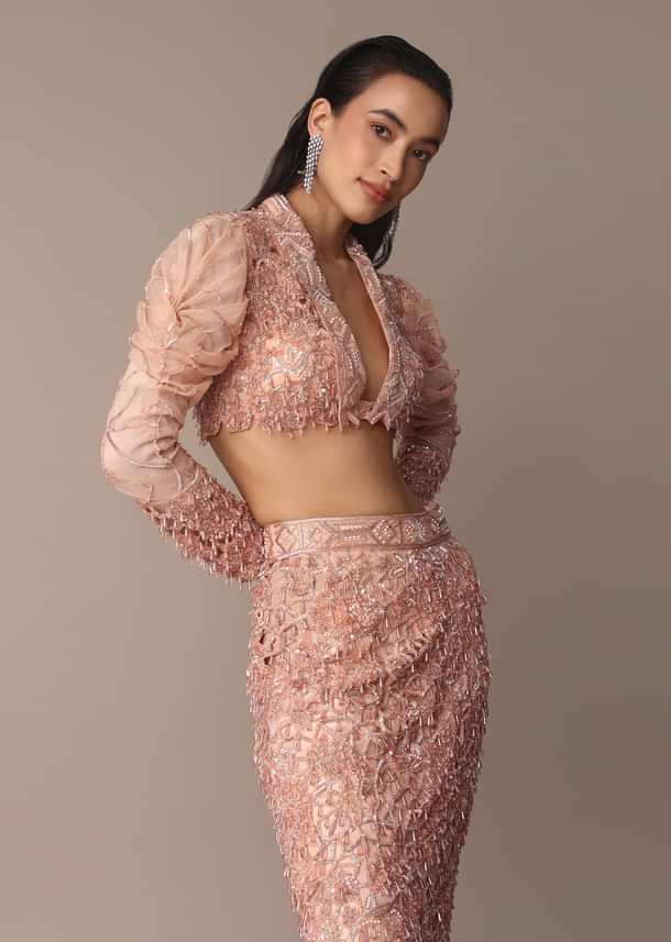 Peach Zardosi Fishcut Skirt With Embroidered Short Sleeve Jacket
