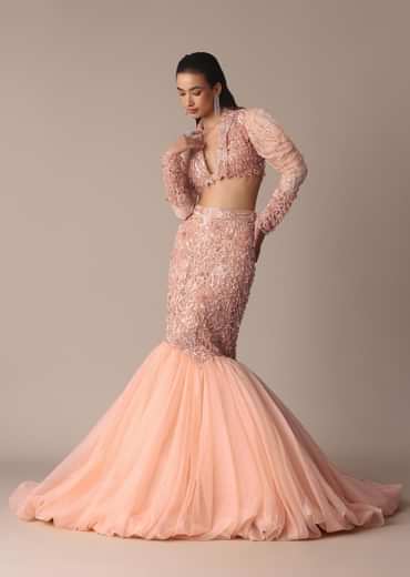 Peach Zardosi Fishcut Skirt With Embroidered Short Sleeve Jacket