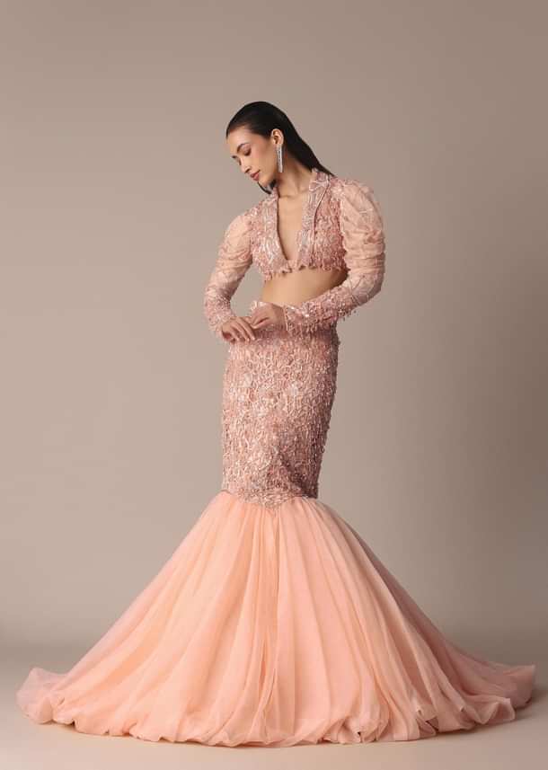Peach Zardosi Fishcut Skirt With Embroidered Short Sleeve Jacket