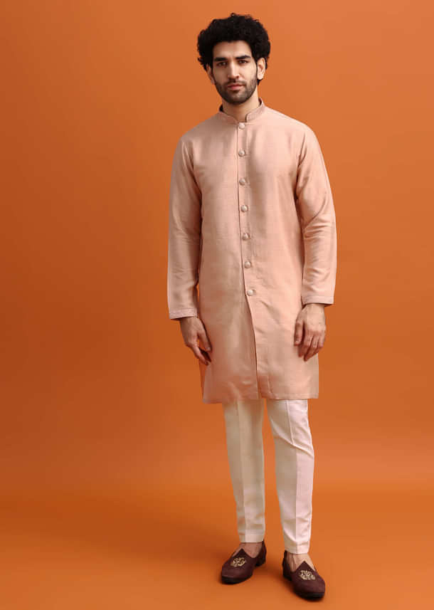 Peach Embroidered Kurta Jacket Set For Men Peach Embroidered Kurta Jacket Set For Men