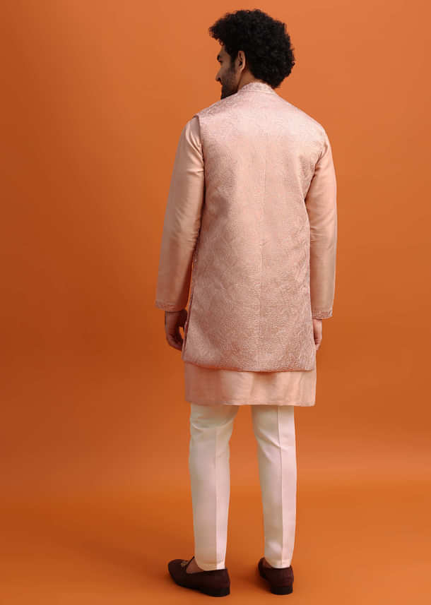 Peach Embroidered Kurta Jacket Set For Men Peach Embroidered Kurta Jacket Set For Men