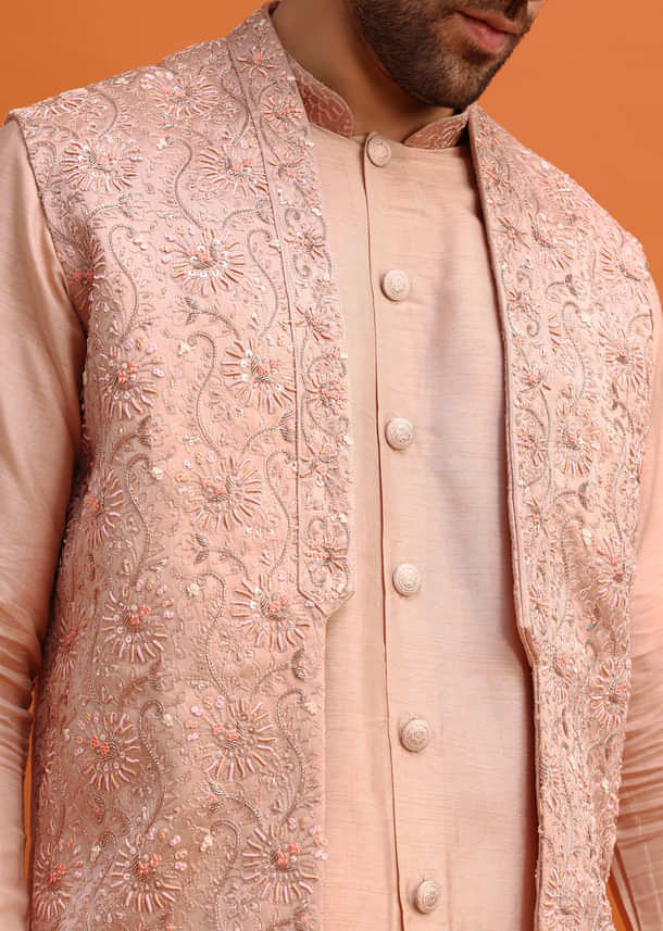 Peach Embroidered Kurta Jacket Set For Men Peach Embroidered Kurta Jacket Set For Men