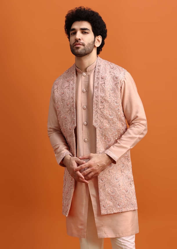 Peach Embroidered Kurta Jacket Set For Men Peach Embroidered Kurta Jacket Set For Men