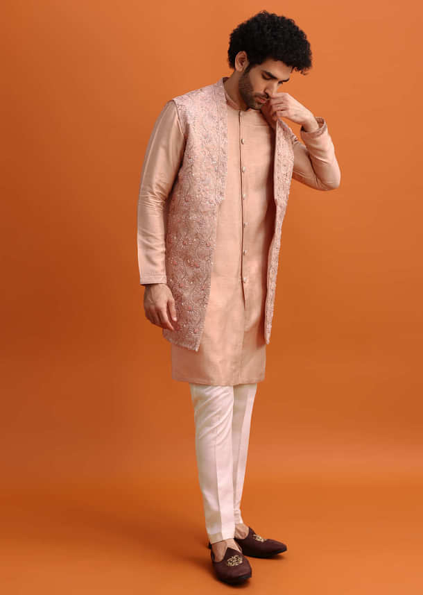 Peach Embroidered Kurta Jacket Set For Men Peach Embroidered Kurta Jacket Set For Men