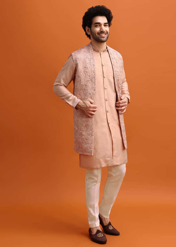 Peach Embroidered Kurta Jacket Set For Men Peach Embroidered Kurta Jacket Set For Men