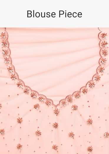 Powder Pink Embroidered Net Saree With Unstitched Blouse