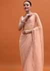 Powder Pink Embroidered Net Saree With Unstitched Blouse