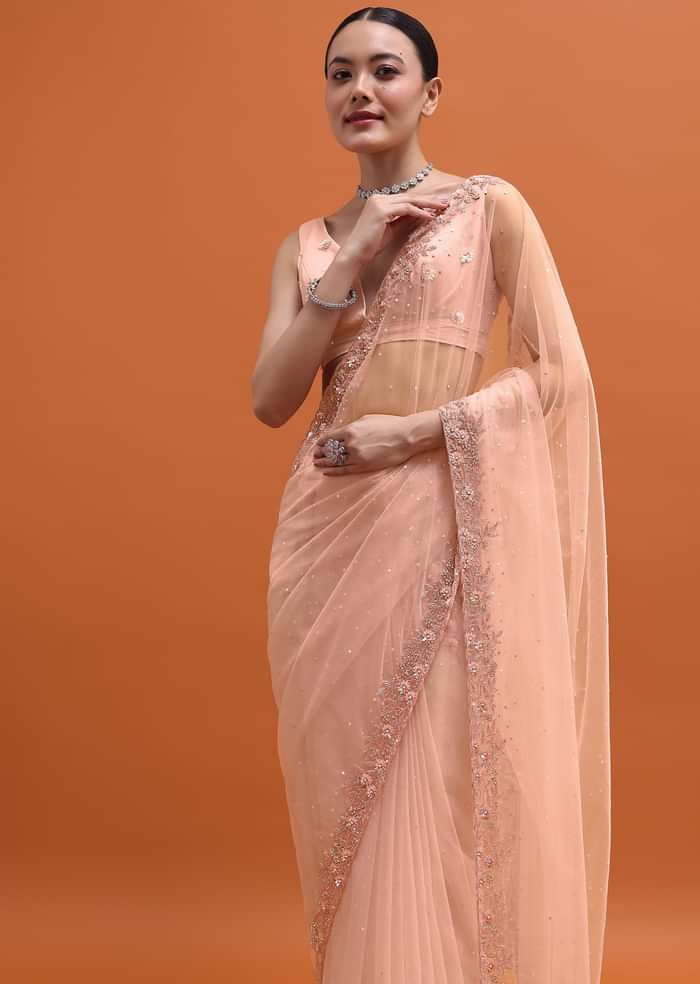 Powder Pink Embroidered Net Saree With Unstitched Blouse
