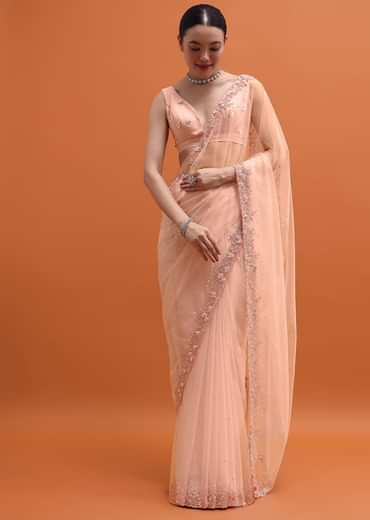 Powder Pink Embroidered Net Saree With Unstitched Blouse