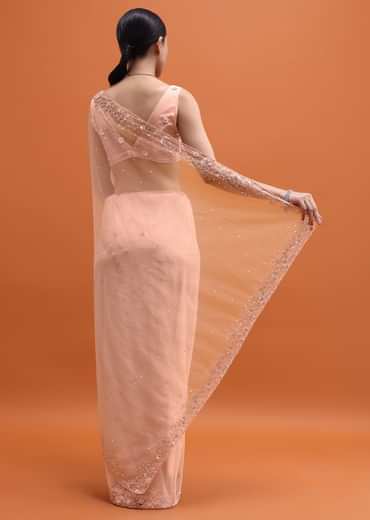 Powder Pink Embroidered Net Saree With Unstitched Blouse