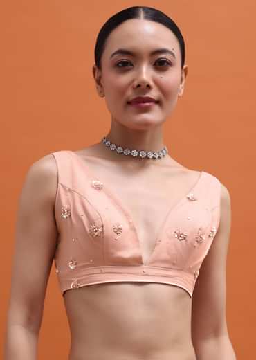 Powder Pink Embroidered Net Saree With Unstitched Blouse