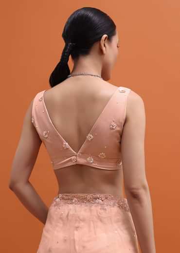 Powder Pink Embroidered Net Saree With Unstitched Blouse