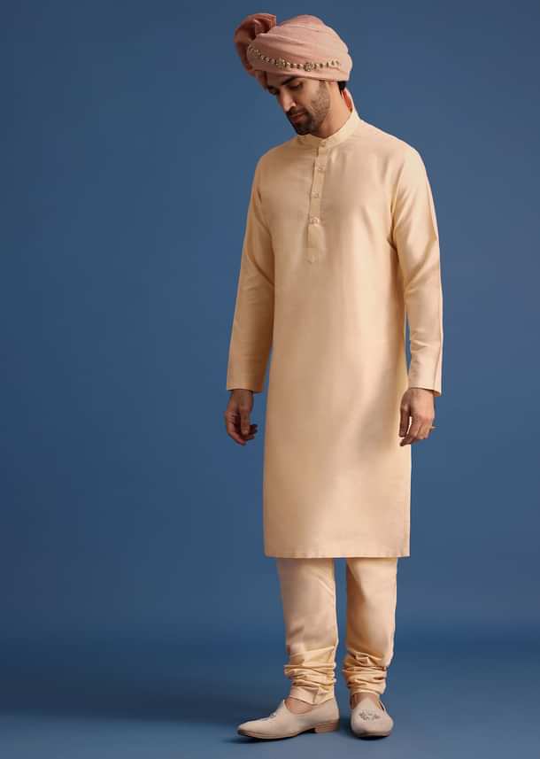 Peach Embroidered Silk Sherwani Suit