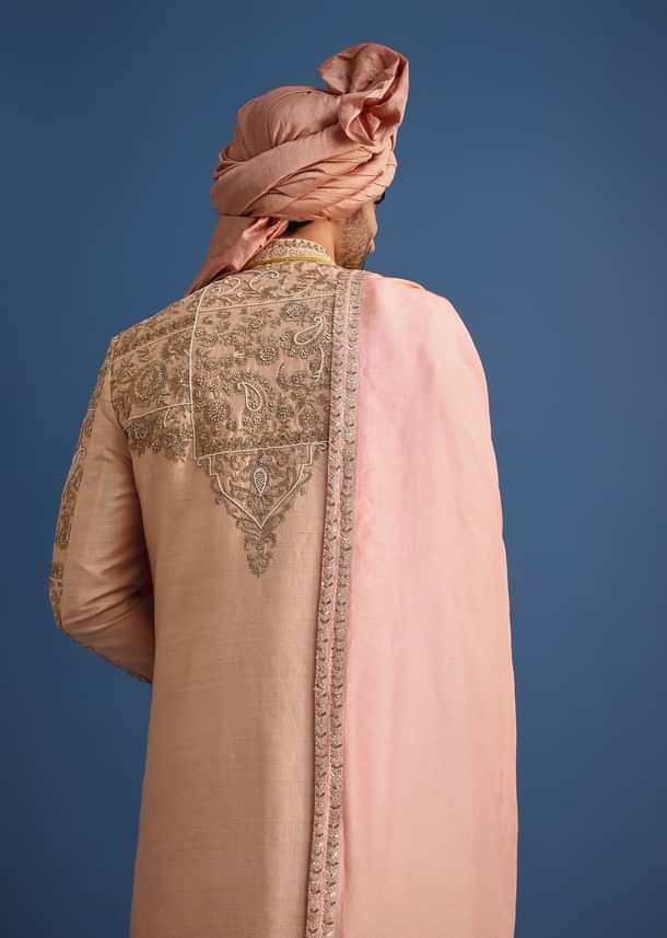 Peach Embroidered Silk Sherwani Suit