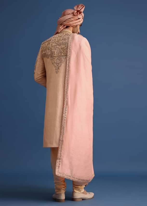 Peach Embroidered Silk Sherwani Suit