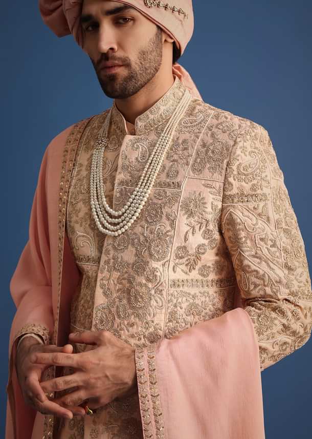 Peach Embroidered Silk Sherwani Suit