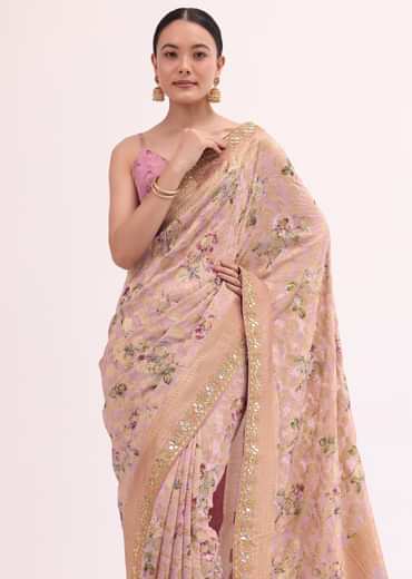 Peach Floral Georgette Saree With Unstitched Blouse