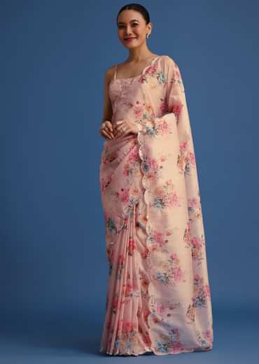 Peach Floral Printed Crushed Tissue Saree With Sequin And Mirror Work