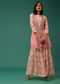 Peach Floral Printed Kurti Palazzo Set In Georgette With Embroidered Organza Shrug