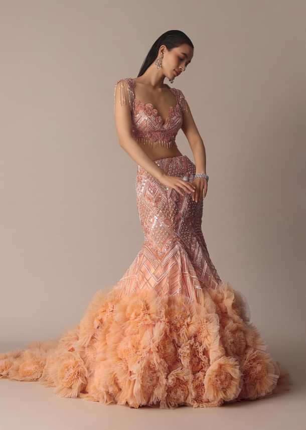 Peach Fish Cut Frill Lehenga Set With Trail Dupatta And Tassels