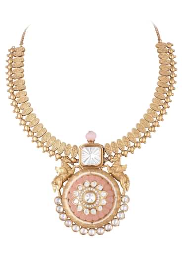 Peach Gold Finish Necklace Set With Carving Work