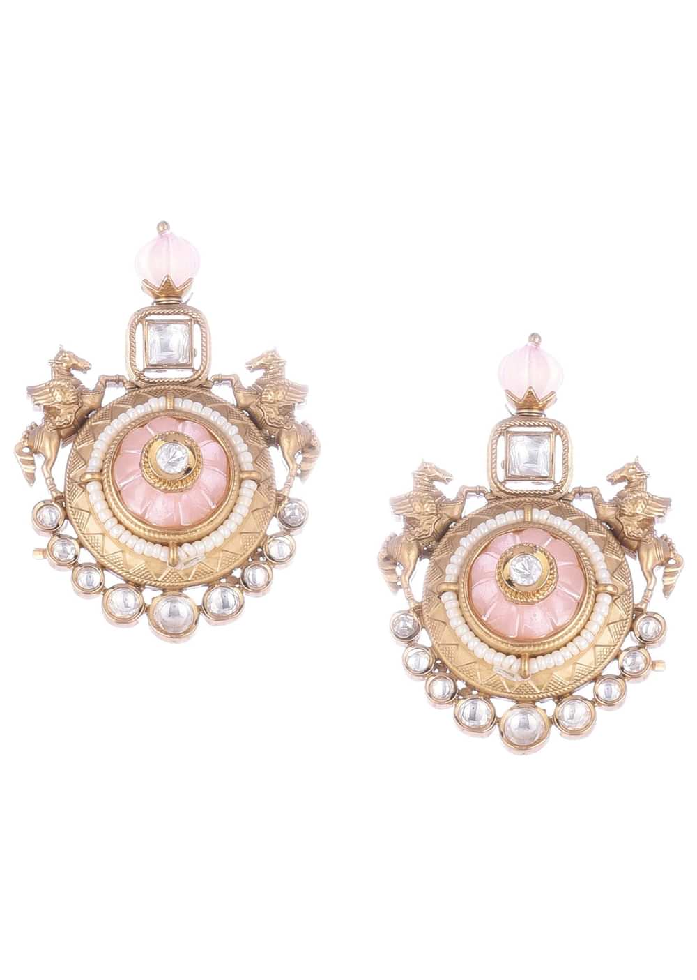 Peach Gold Finish Necklace Set With Carving Work