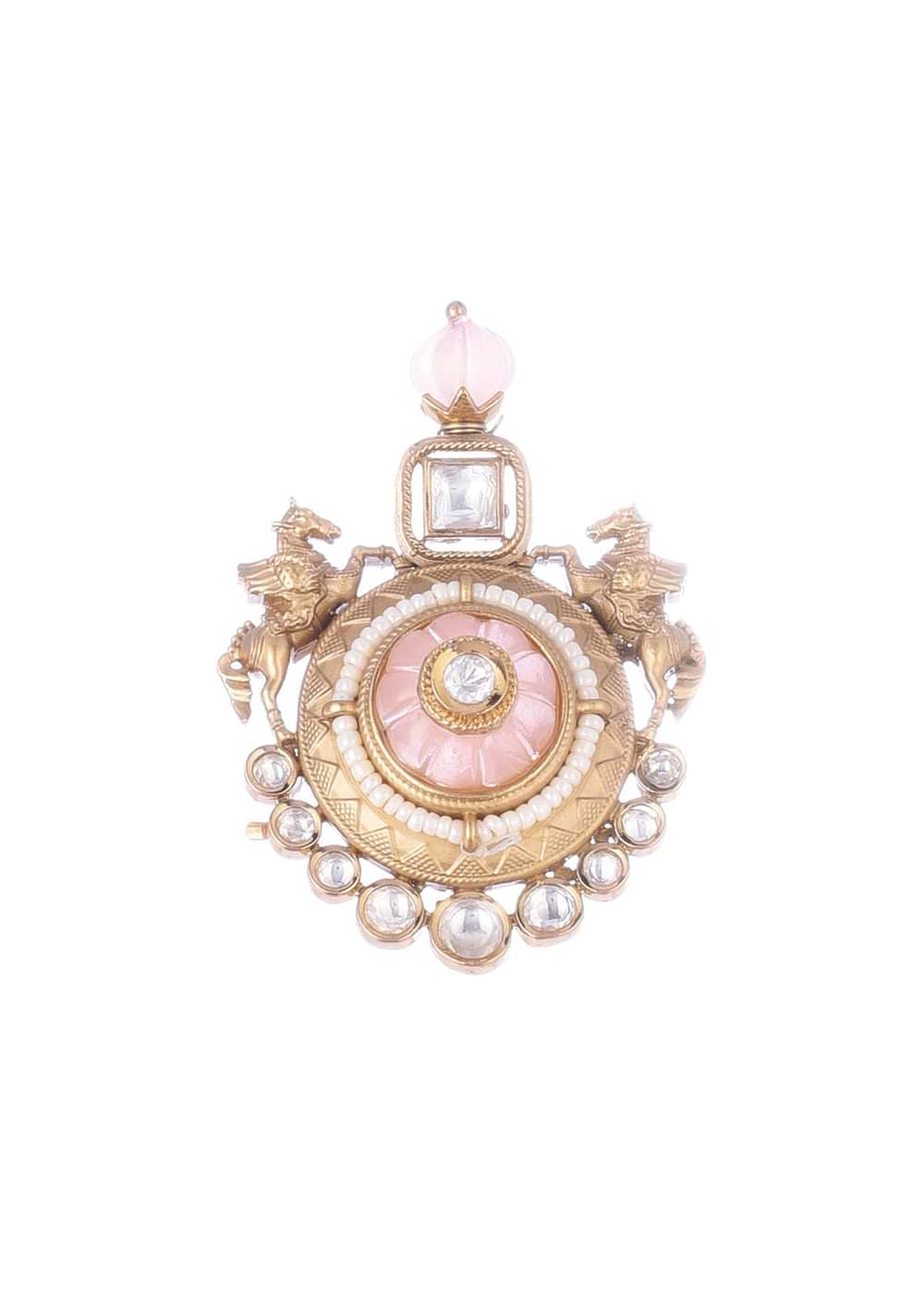 Peach Gold Finish Necklace Set With Carving Work