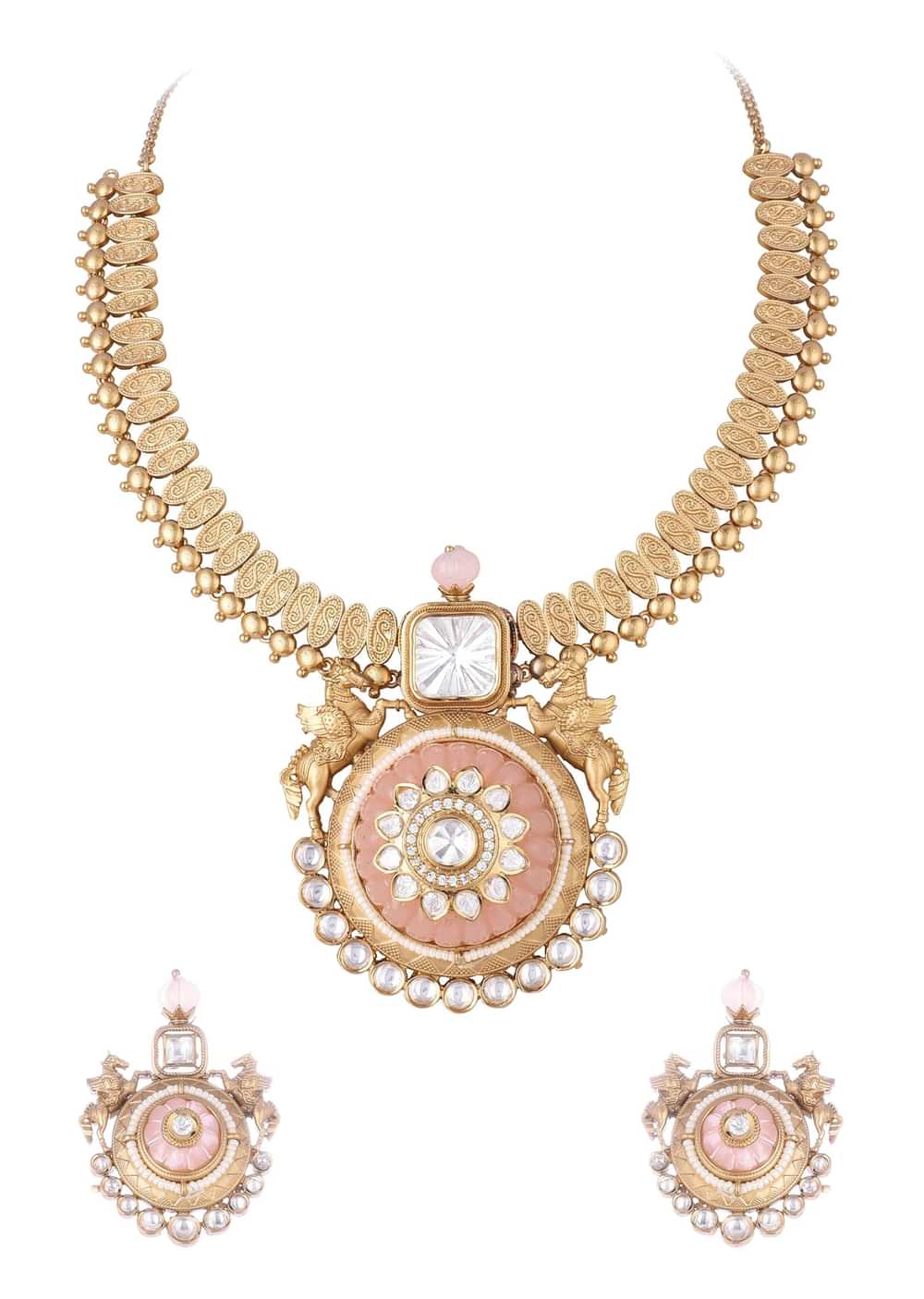 Peach Gold Finish Necklace Set With Carving Work