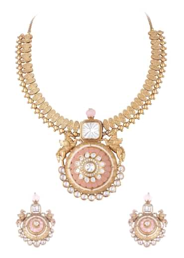 Peach Gold Finish Necklace Set With Carving Work