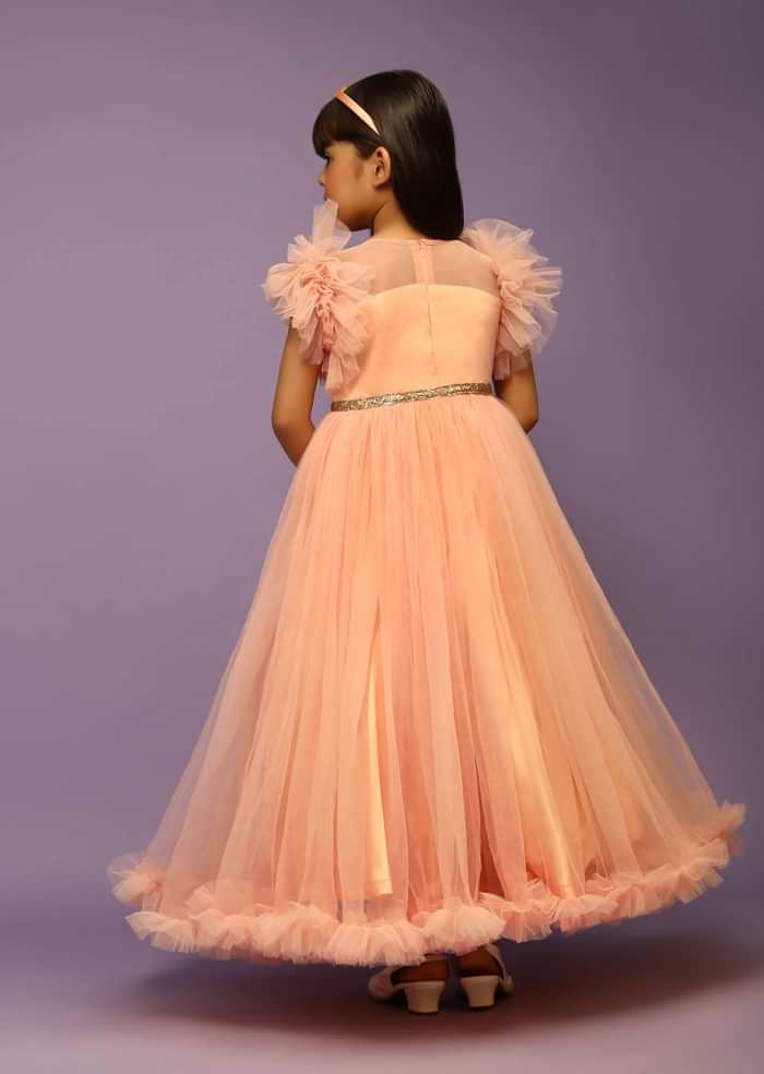 Kalki Girls Peach Gown In Net With Frill Sleeves And Glitter Belt