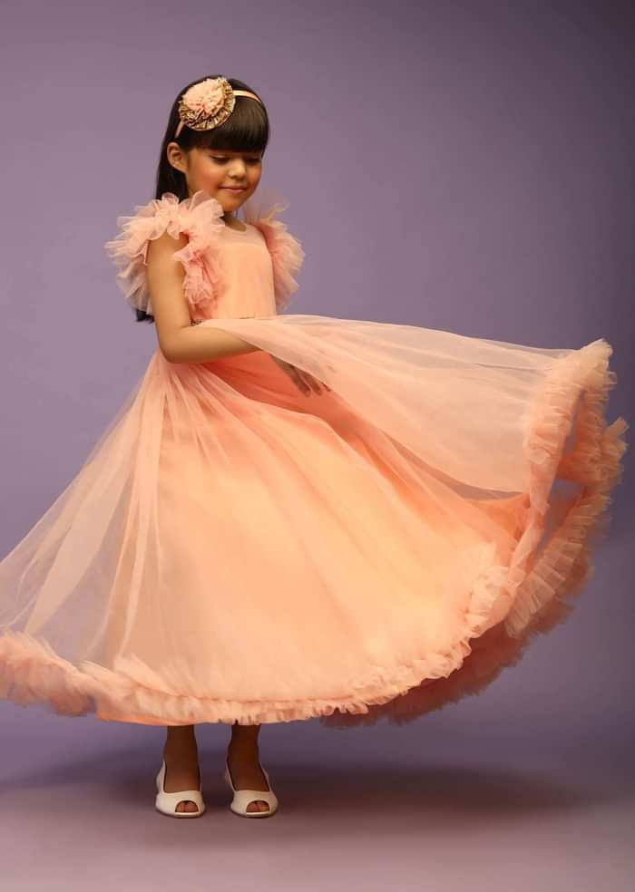 Kalki Girls Peach Gown In Net With Frill Sleeves And Glitter Belt