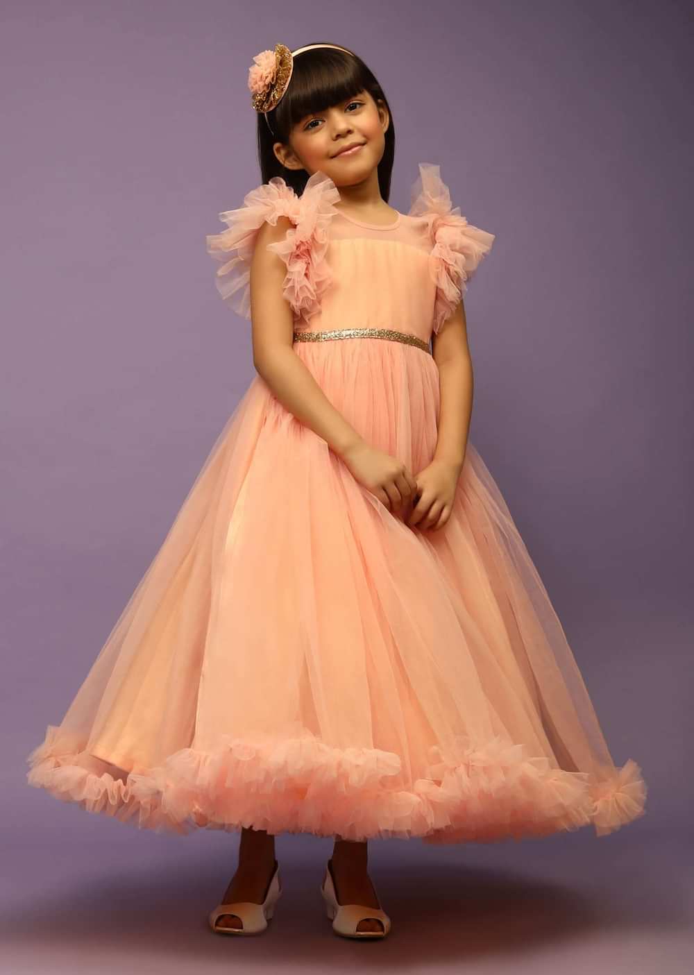Kalki Girls Peach Gown In Net With Frill Sleeves And Glitter Belt