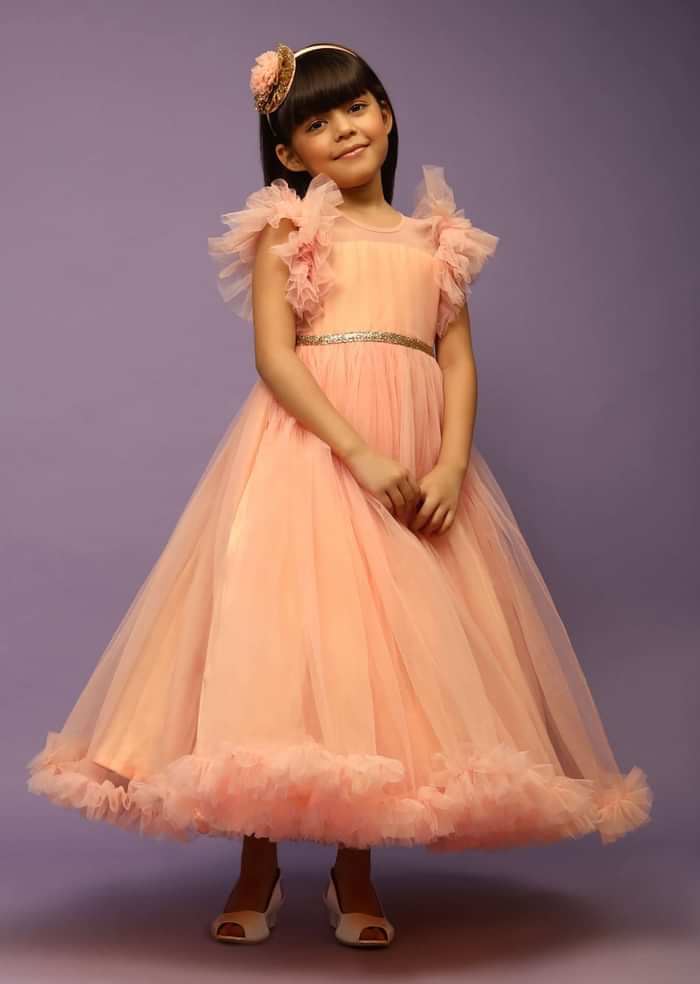 Kalki Girls Peach Gown In Net With Frill Sleeves And Glitter Belt