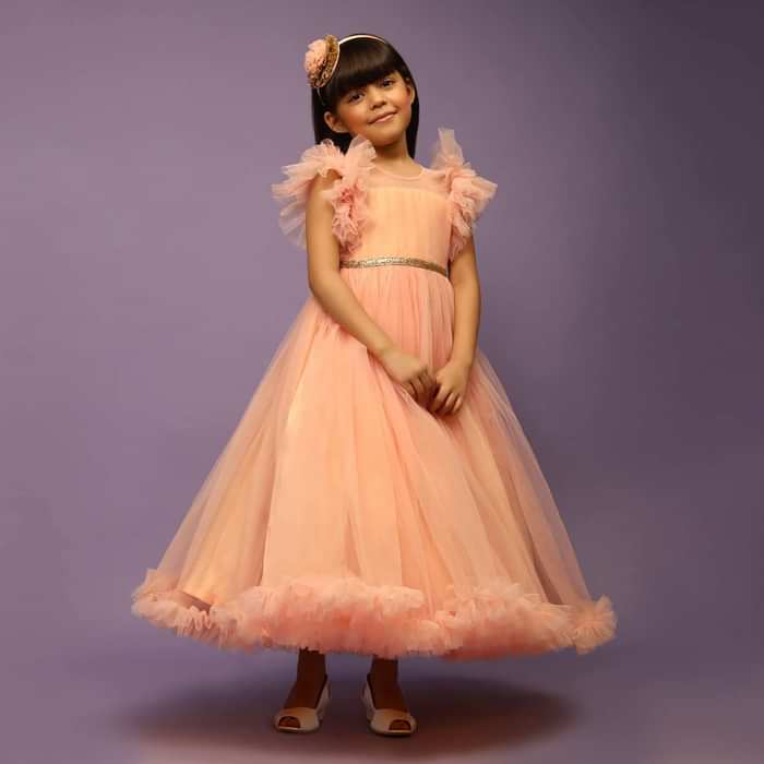 Kalki Girls Peach Gown In Net With Frill Sleeves And Glitter Belt
