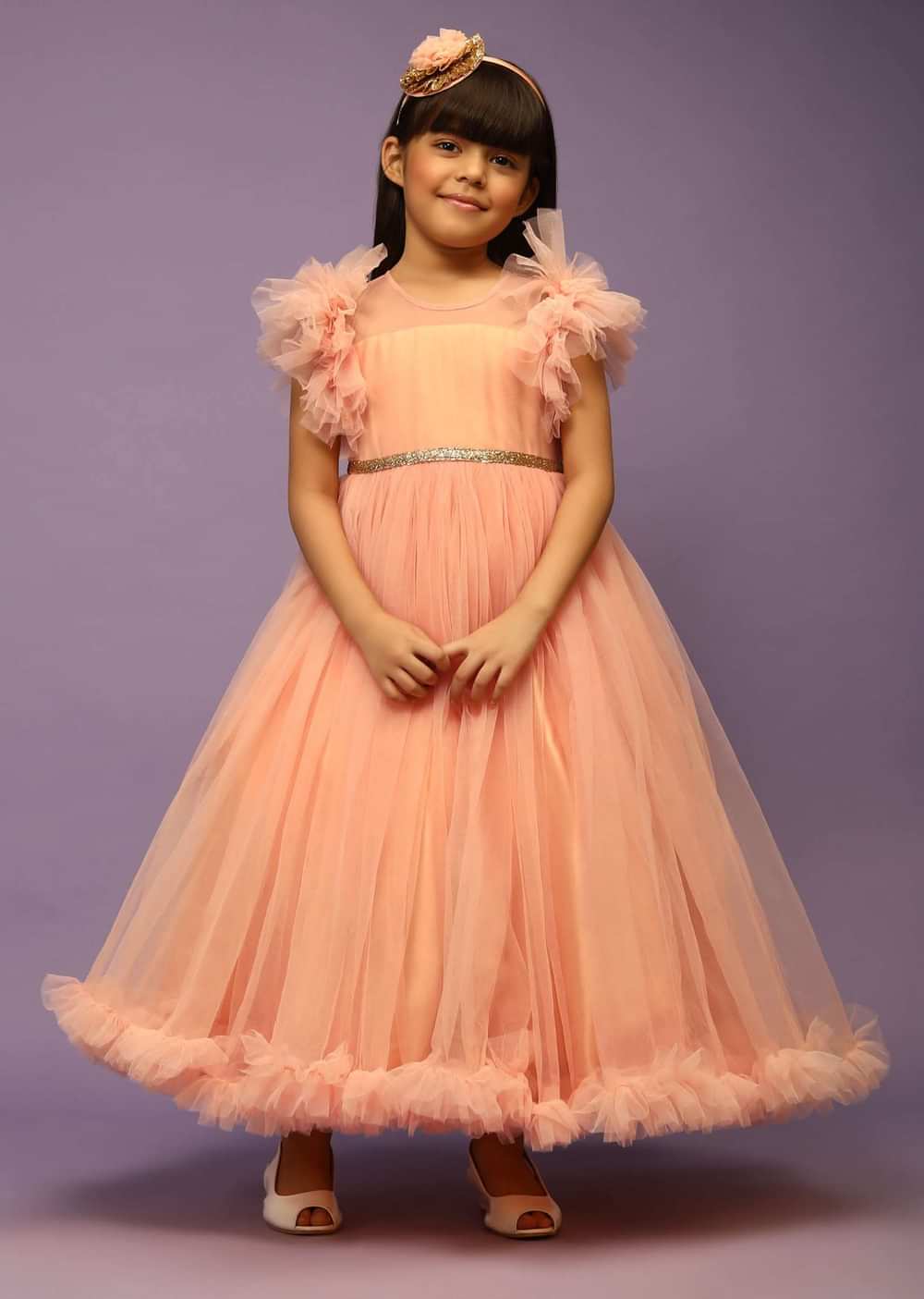 Kalki Girls Peach Gown In Net With Frill Sleeves And Glitter Belt