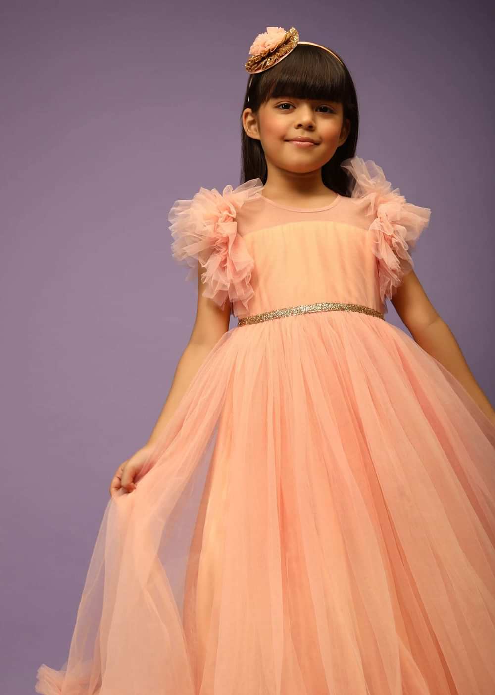 Kalki Girls Peach Gown In Net With Frill Sleeves And Glitter Belt