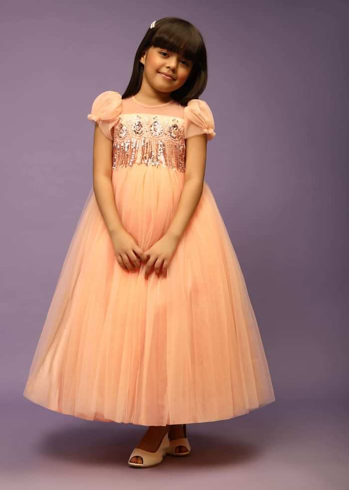Kalki Girls Peach Gown In Net With Sequin Fringes And Puff Sleeves