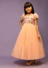 Kalki Girls Peach Gown In Net With Sequin Fringes And Puff Sleeves