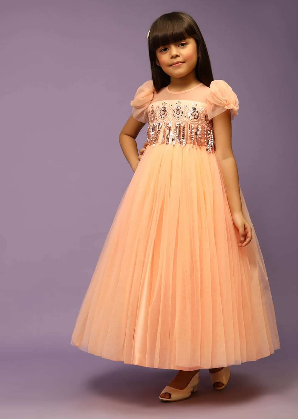 Kalki Girls Peach Gown In Net With Sequin Fringes And Puff Sleeves