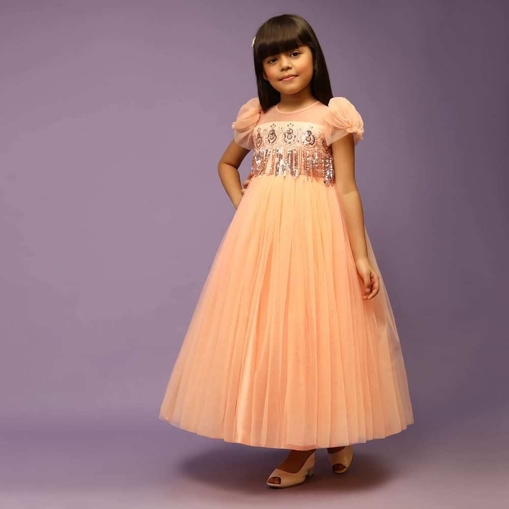 Kalki Girls Peach Gown In Net With Sequin Fringes And Puff Sleeves