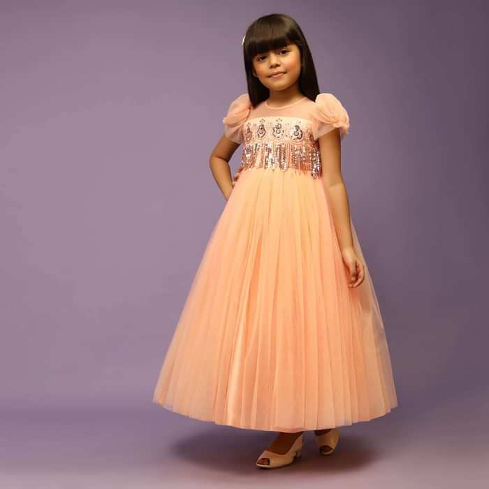 Kalki Girls Peach Gown In Net With Sequin Fringes And Puff Sleeves